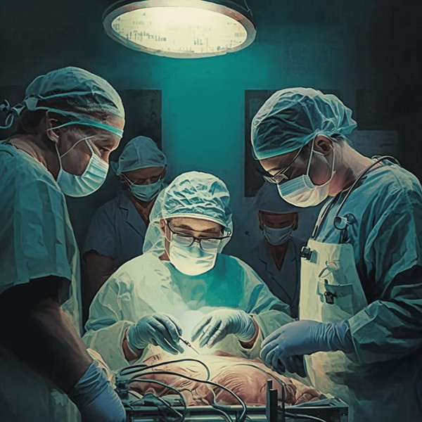 Feita em inteligência artificial, uma equipe médica realizando uma intervenção cirúrgica.